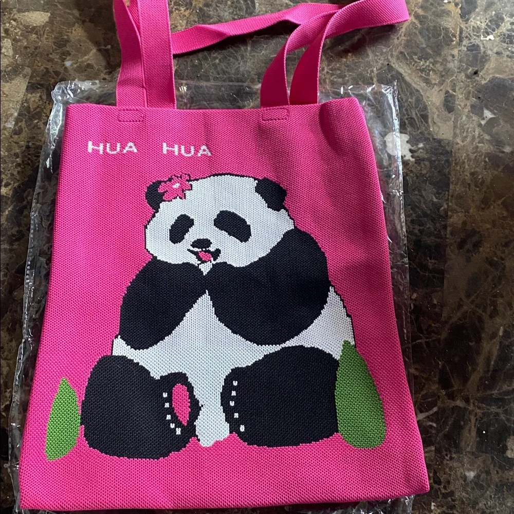 Hot Pink Knit Panda Tote Bag | 